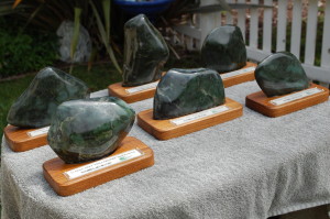 Billabong first place trophies by Drew Arnold and Oceans Art Jade. Big Sur Jade on hand carved Burmese Teak. 